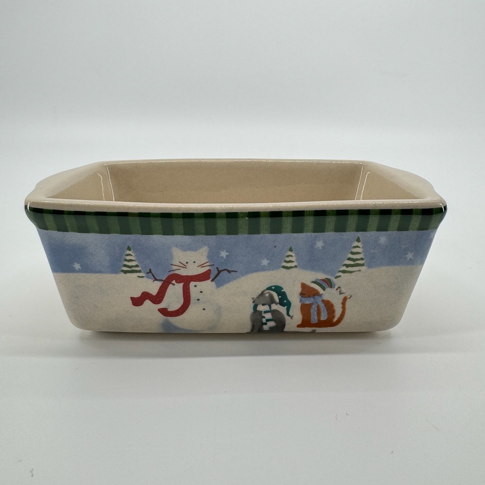 Vtg Garden Ridge Christmas Cats Mini Loaf Pan Ceramic Winter Baking Dish Holiday